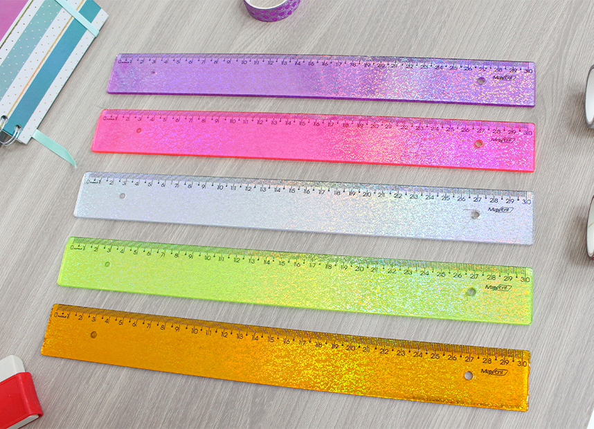 REGUA DE 30 CM NEW LINE HOLOGRÁFICA GLITTER LARANJA