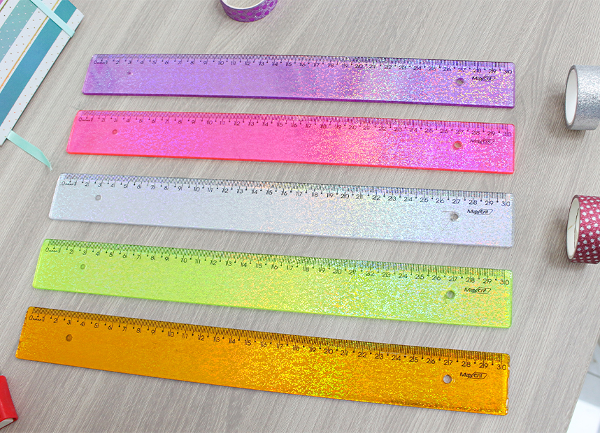 REGUA DE 30 CM NEW LINE HOLOGRáFICA GLITTER ROSA
